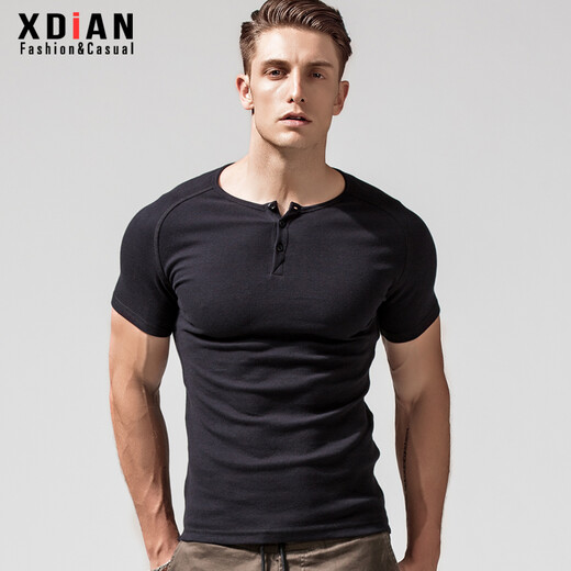 Erneuerung kurzärmeligte T-Shirt für Männer, enge Henry-Kragen reines Baumwollkragen schwarzes T-Shirt für Männer, Slim Sport Top Base Shirt, Schwarz L.