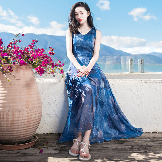 西子美丽心情夏装新款女系带V领无袖雪纺连衣裙长裙波西米亚沙滩裙海边度假 图片色XZ18D838 M