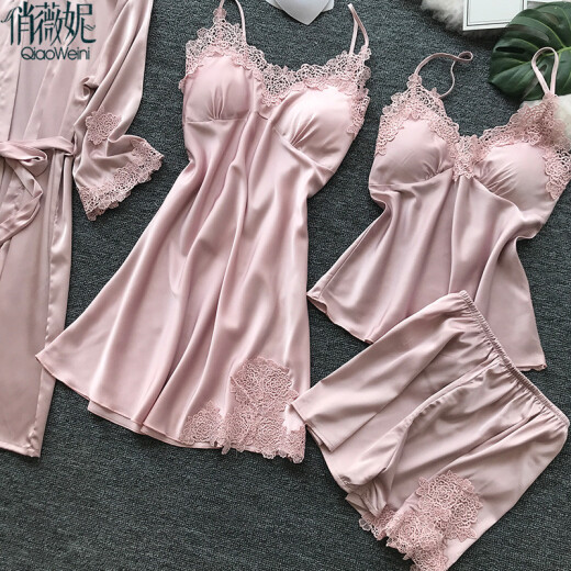 Qiaoweini pajamas women's spring and summer new sexy pure desire suspender nightgown shorts outer robe four-piece set imitation silk spring and autumn women's ice silk vest summer with breast pad nightgown home wear set 5714 Sakura Pink (four-piece set with breast pad) M