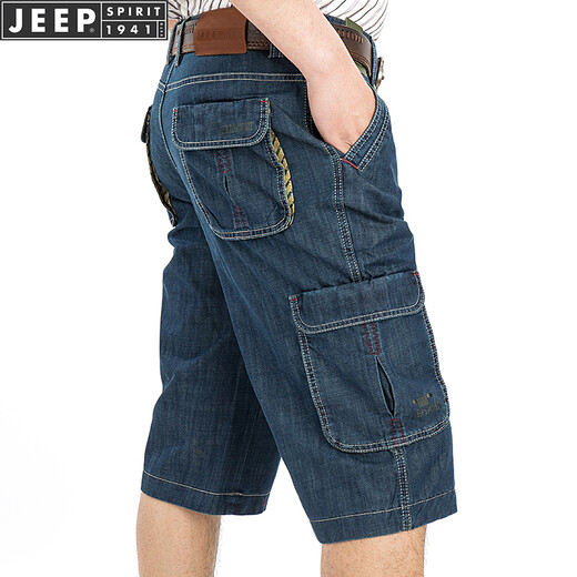 JEEP SPIRIT吉普休闲牛仔短裤男直筒宽松夏季七分裤多口袋工装中裤753 深蓝753 40码3尺
