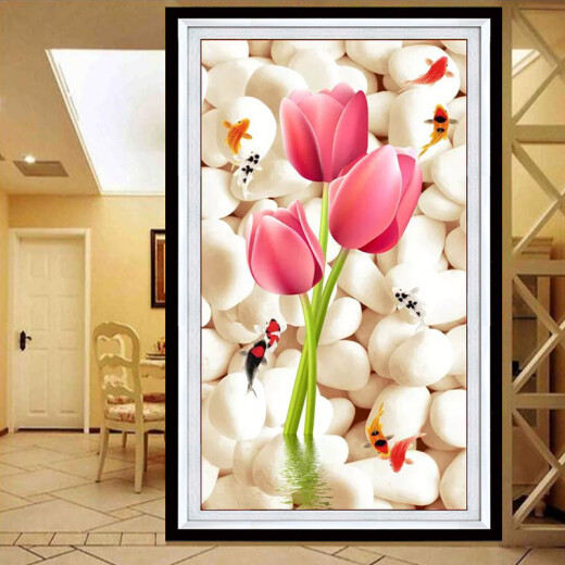 
KS cross-stitch living room new style gold jade hall tulip nine fish 48 color full embroidery entrance large embroidery 9896 four-strand cotton 63X118CM large grid customization fresh printing customization without return