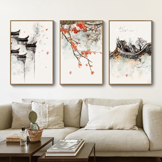 Qianchen Chinese style living room decorative painting new Chinese style sofa background wall triptych hanging painting simple modern ancient style wall painting 02 good luck (three pieces) 40*60PS log color frame + fabric painting