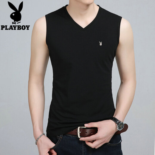 Playboy vest men's trendy solid color cotton v-neck sleeveless t-shirt summer new men's sweatshirt Korean version fitness vest black 175