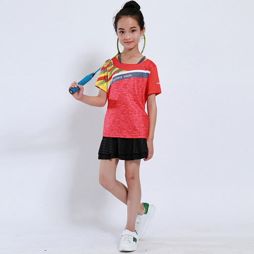 速干儿童羽毛球服套装男童女童短袖夏季中小学生乒乓球服网球服训练服团队运动服比赛队服跑步衣短裤团购印字 童装3880红色(配黑裙裤) 成人码（请咨询客服）