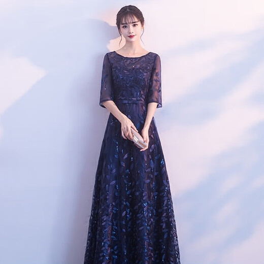Maxbeth banquet evening dress fashion spring noble and elegant princess long annual party banquet performance slim dress skirt for women navy blue zipper style S