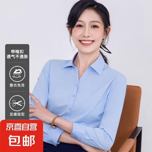 白色V领衬衫女2025春秋新款职业正装面试工作服短袖衬衣免烫上衣 6212蓝色【V领】长袖 XL 推荐【115-125斤】
