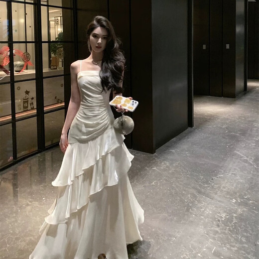 
Ershan Ji French evening dress female celebrity temperament banquet white niche suspender fishtail dress adult gift birthday robe apricot color suspender fishtail dress M