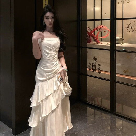 
Ershan Ji French evening dress female celebrity temperament banquet white niche suspender fishtail dress adult gift birthday robe apricot color suspender fishtail dress M