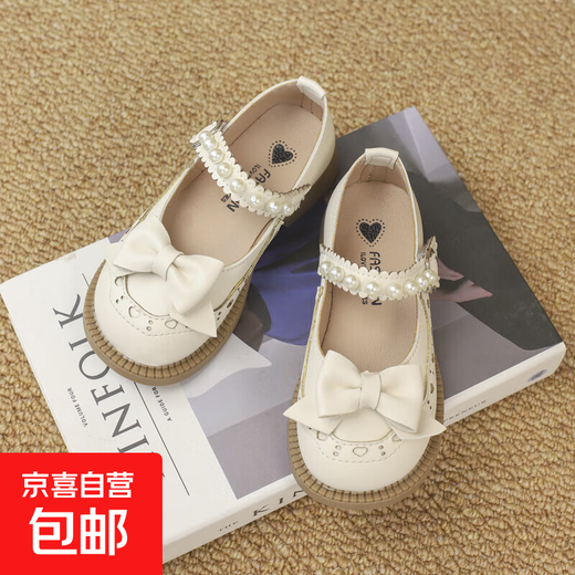 Children's Leather Shoes 2025 Spring and Autumn New Girls Korean Style Soft Sole Princess Shoes Baby Girls Bows Off-White 34/Inner Length 20.1cm