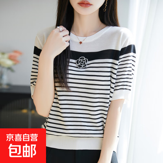 Nueva tapa de suéter de punto a rayas de verano para mujeres camelia versátil Versátil de alas descomunal Camiseta de manga corta/MR838-X White Striped L (115-130Jin [Jin iguala 0.5 kg])