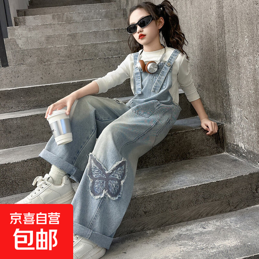 Traje de mezclilla con mariposas para niñas, nuevo estilo infantil, camisa con parche de fondo para primavera y otoño, monos de mariposa 2025 160