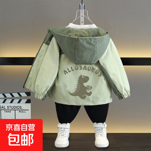 New boys' spring coats, girls' Korean style fashionable and cute bear all-print hooded windbreaker long-sleeved tops, tiptoe dragon coat military green 110