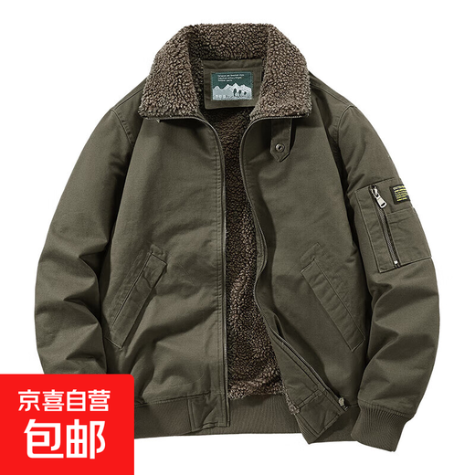 Cotton coat men's velvet thickened 2025 winter new loose bomber jacket multi-pocket work jacket military green XL (recommended 130-145Jin Jin equals 0.5kg)