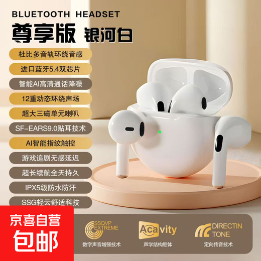 Bluetooth headset wireless semi-in-ear single and binaural high-quality sports music driving call noise reduction ultra-long battery life Galaxy White