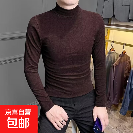 Half turtleneck bottoming shirt for men in autumn and winter new double-sided German velvet warm slim fit mid-collar inner long-sleeved T-shirt for men Brown L