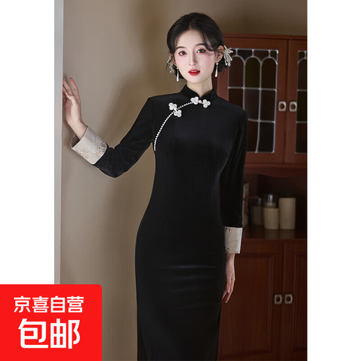 Clothing sample Retro black velvet cheongsam long-sleeved 2025 autumn slimming waist temperament dress daily style 557 L