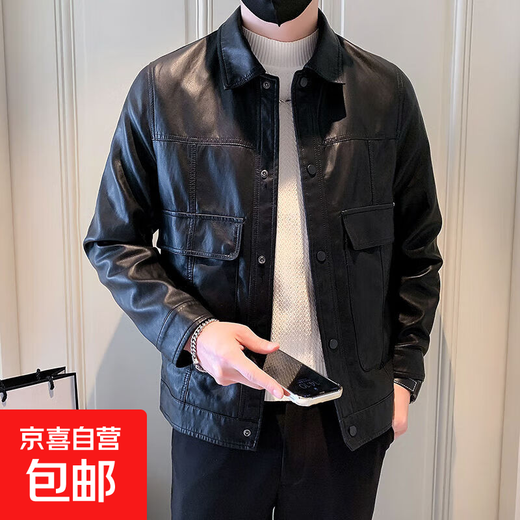 Pu leather jacket men's spring and autumn 2025 new handsome motorcycle leather jacket British yuppie style men's top black 2XL 2XL recommended weight 145-160Jin Jin equals 0.5 kg