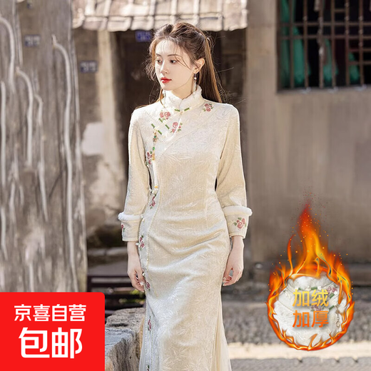 New Chinese style improved cheongsam autumn and winter velvet style young style elegant embroidered national style long-sleeved dress off-white velvet XL (115-125Jin Jin equals 0.5kg)