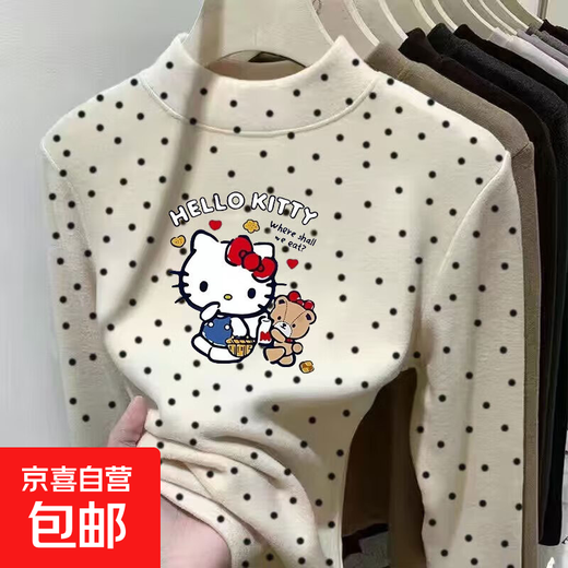 Girls' German velvet long-sleeved T-shirt in autumn and winter for older children, cartoon polka-dot half turtleneck top, warm inner layering shirt, apricot hello Hello Kitty 110