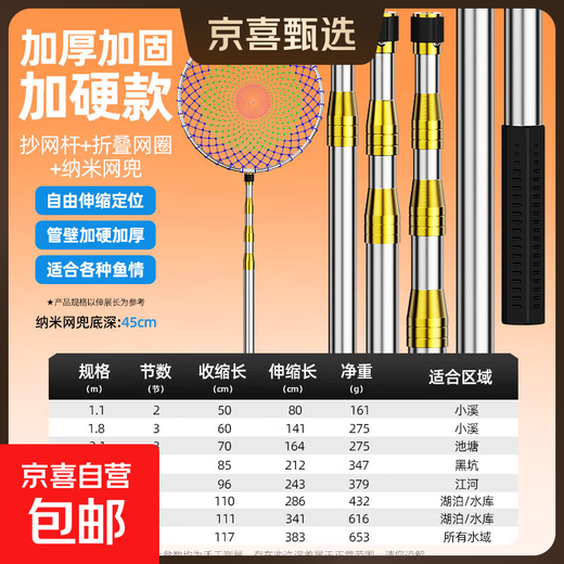 Net fishing rod set, complete set of fishing net, fishing net bag, fishing net, folding net, fishing net, fishing gear, telescopic net fishing rod, stainless steel color deepened net bag + yellow rod 3M