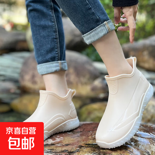 Fashion rain boots for women, summer short-tube waterproof shoes, non-slip, wear-resistant, soft-soled water boots for men, car wash, kitchen work shoes, velvet, beige 39