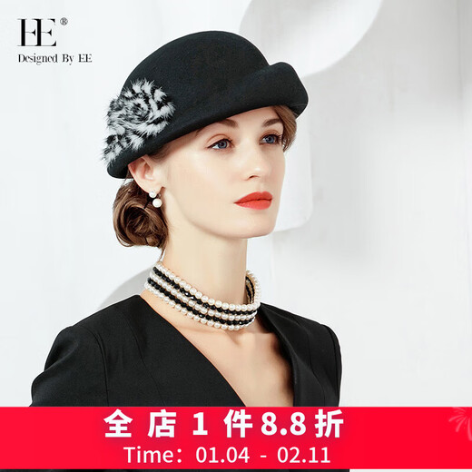EE Autumn and Winter Fashionable British Wool Top Hat Korean Style Trendy Woolen Hat Retro Versatile Winter Hat Women 5049 Black Adjustable