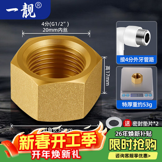 A beautiful brass thickened 4-point inner and outer wire water pipe plug, four-point triangular valve plug cap, faucet plug, explosion-proof 20 bulkhead, extra thick 4-point internal wire plug, copper color