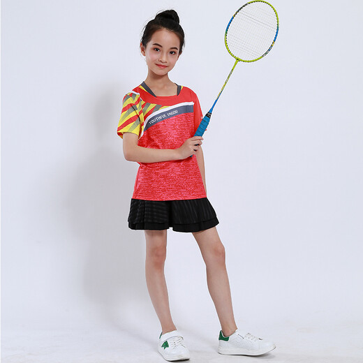 速干儿童羽毛球服套装男童女童短袖夏季中小学生乒乓球服网球服训练服团队运动服比赛队服跑步衣短裤团购印字 童装3880红色(配黑裙裤) 成人码（请咨询客服）