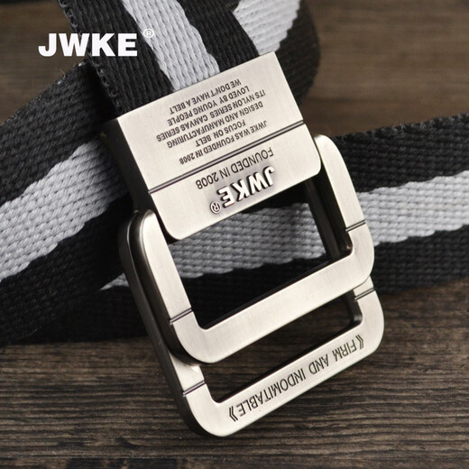 JWKE 男士双环扣帆布腰带运动休闲青年牛仔裤皮带百搭裤腰带学生裤带 浅灰条纹 115cm