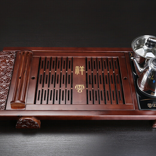 Hongguan complete set of purple sand ceramic kung fu tea set tea tray automatic induction cooker tea table tea sea tea ceremony home office 01 style cup holder auspicious clouds + embossed purple sand = 398