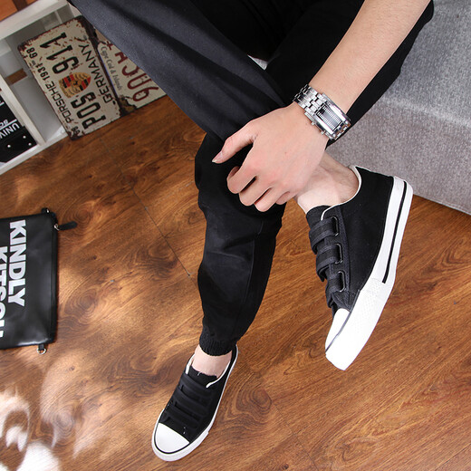 Jiajia Bull Velcro Canvas Schuhe Low Top Herrenschuhe atmungsaktive große Schuhe weiße lässige Schuhe koreanische Style Lazy Schuhe Student Sneakers Schwarz (F02) 43