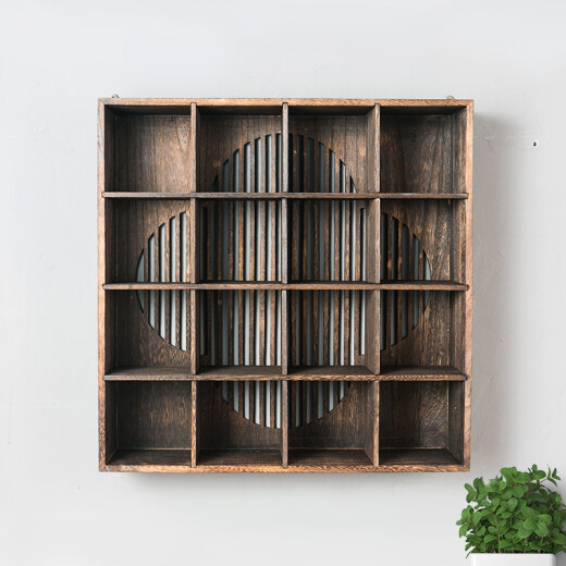 Rongshantang solid wood tea cup rack wall-mounted Chinese-style small ancient rack display rack tea set storage cabinet Duobao Pavilion antique rack Begonia-shaped burnt paulownia wood storage cabinet large 16 grids