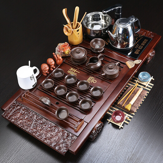 Hongguan complete set of purple sand ceramic kung fu tea set tea tray automatic induction cooker tea table tea sea tea ceremony home office 01 style cup holder auspicious clouds + embossed purple sand = 398