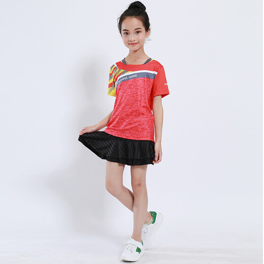 速干儿童羽毛球服套装男童女童短袖夏季中小学生乒乓球服网球服训练服团队运动服比赛队服跑步衣短裤团购印字 童装3880红色(配黑裙裤) 成人码（请咨询客服）