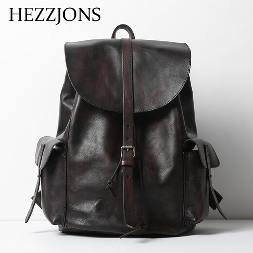 赫泽琼斯真牛皮双肩包进口意大利旅行包时尚潮流软皮双肩行李包英伦背包 咖啡色进口意大利牛皮