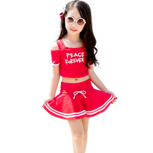 Youyou new children's swimsuit girls split skirt with sleeves conservative medium and large children's girls Korean baby swimsuit red 3XL reference (130-145CM) fashionable girl