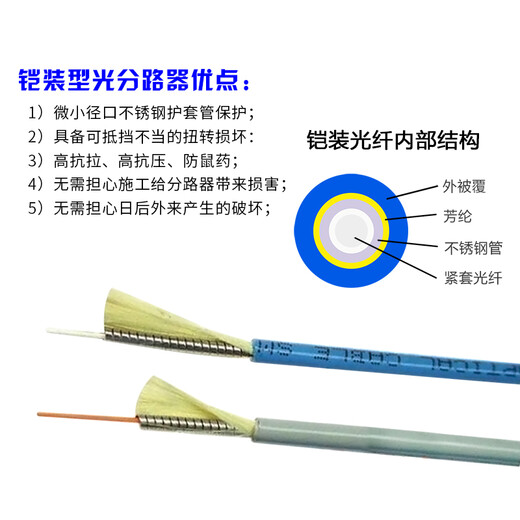 奥康达电信级光纤分光器1分2  光纤分路器一分二/四光纤分线器单模圆头FC/UPC盒式/拉锥式 FC/APC 广电级 1分2铠装防鼠咬12052 2米