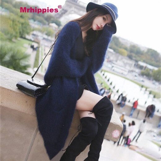 Mrhippies Hong Kong trendy brand women's long sweater thickened women's winter outerwear mohair knitted cardigan warm coat loose imitation mink velvet coat deep sea blue Atlantis length 72CM mid-length