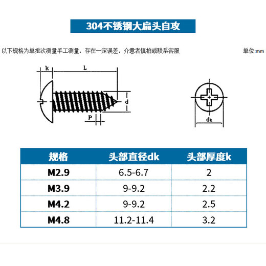 Jinggong 304 stainless steel large flat head self-tapping screws mushroom head umbrella head screws large head self-tapping screws wood screws M2.9*9.5 50 pieces