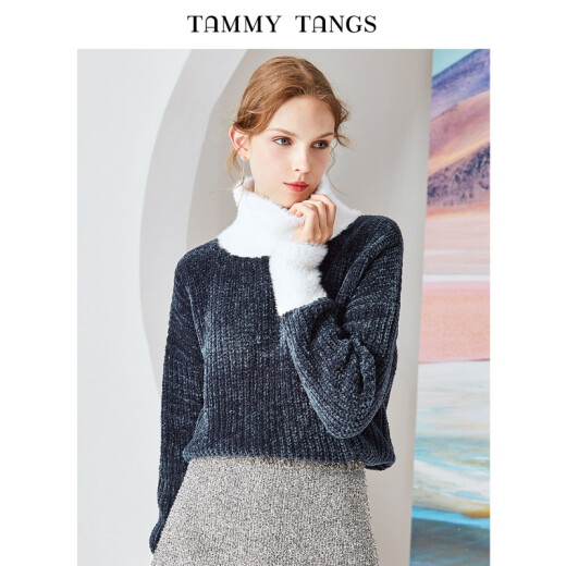 Tangli winter new blue and white color matching European and American sweater loose pullover fur collar sweater bottoming shirt for women blue and white S