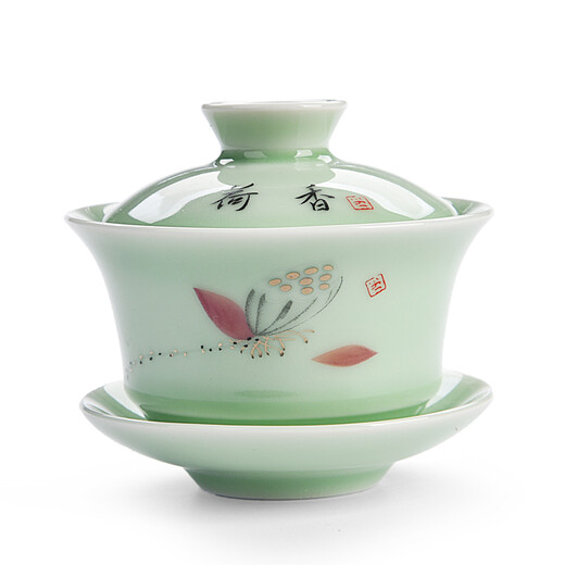 Fei Xidi Covered tea cup, tea bowl, tea set, tea cup, ceramic Sancai Jingdezhen Ceramic Bowl with Lid SN6625 Jade Shadow Lotus Covered Bowl (Jade) 120ml