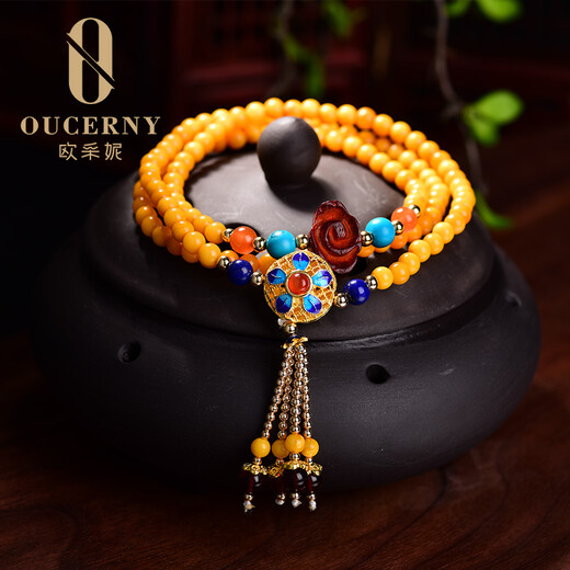 Ouchini Beeswax Bracelet Sweater Chain Cloisonné Enamel Palace Craftsmanship Chicken Oil Yellow Old Wax 108 Pieces