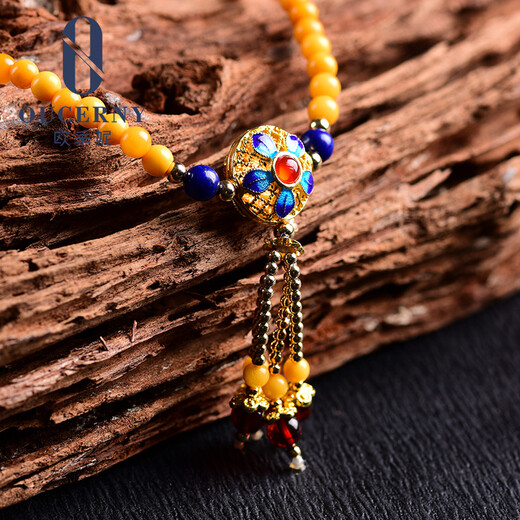Ouchini Beeswax Bracelet Sweater Chain Cloisonné Enamel Palace Craftsmanship Chicken Oil Yellow Old Wax 108 Pieces