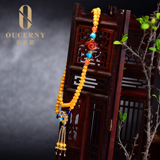 Ouchini Beeswax Bracelet Sweater Chain Cloisonné Enamel Palace Craftsmanship Chicken Oil Yellow Old Wax 108 Pieces