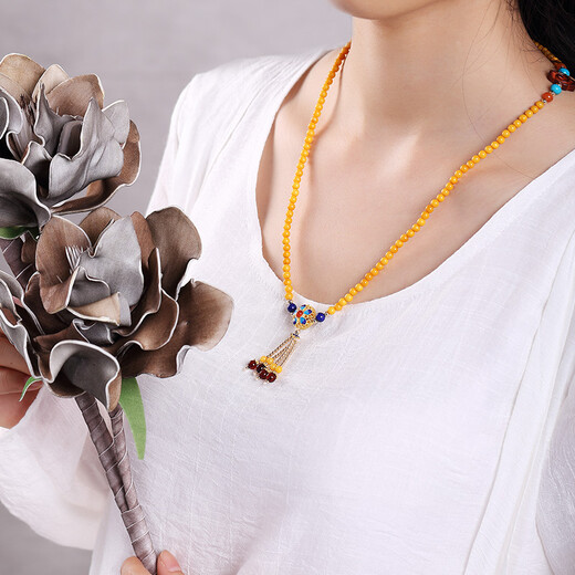 Ouchini Beeswax Bracelet Sweater Chain Cloisonné Enamel Palace Craftsmanship Chicken Oil Yellow Old Wax 108 Pieces