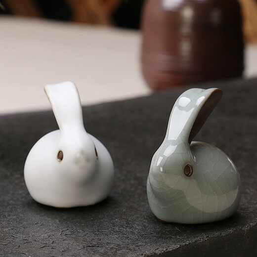 Tao Yunshang Ge Kiln Jade Rabbit Split Tea Pet Ru Kiln Fine Tea Pet Ornaments Creative Kung Fu Tea Set Tea Ceremony Tea Tray Accessories A Pair of Little Lucky Rabbits