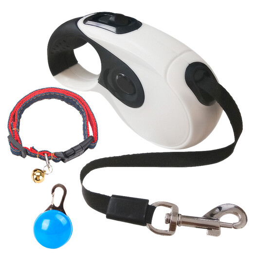 Hanhan pet dog leash, automatic retractable dog leash, small dog, medium dog, large dog leash, Thai black and white three-piece set, large size 5 meters, collar adjustment 35-50cm, recommended 70