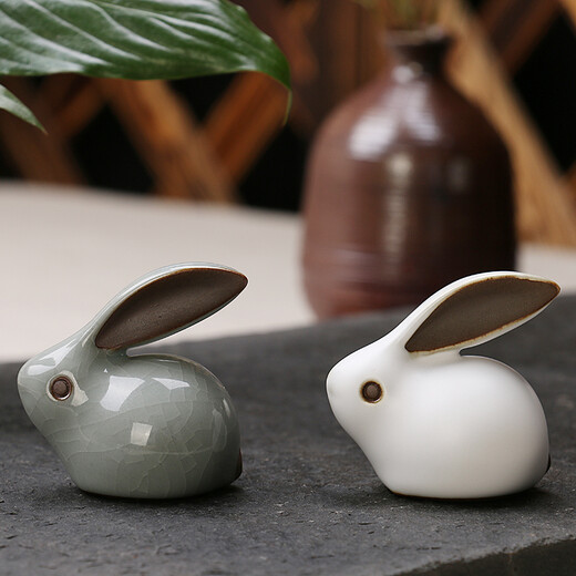Tao Yunshang Ge Kiln Jade Rabbit Split Tea Pet Ru Kiln Fine Tea Pet Ornaments Creative Kung Fu Tea Set Tea Ceremony Tea Tray Accessories A Pair of Little Lucky Rabbits