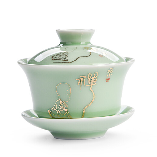Fei Xidi Covered tea cup, tea bowl, tea set, tea cup, ceramic Sancai Jingdezhen Ceramic Bowl with Lid SN6625 Jade Shadow Lotus Covered Bowl (Jade) 120ml
