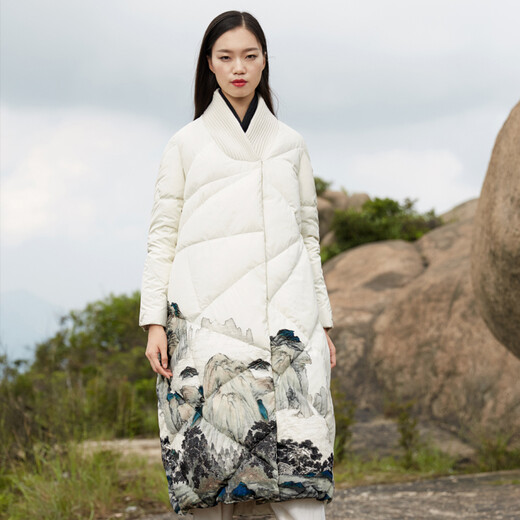 Inside and outside original designer women's print loose thickened extra long warm down jacket 18 winter ladies literary Chinese ethnic style jacket white print S
